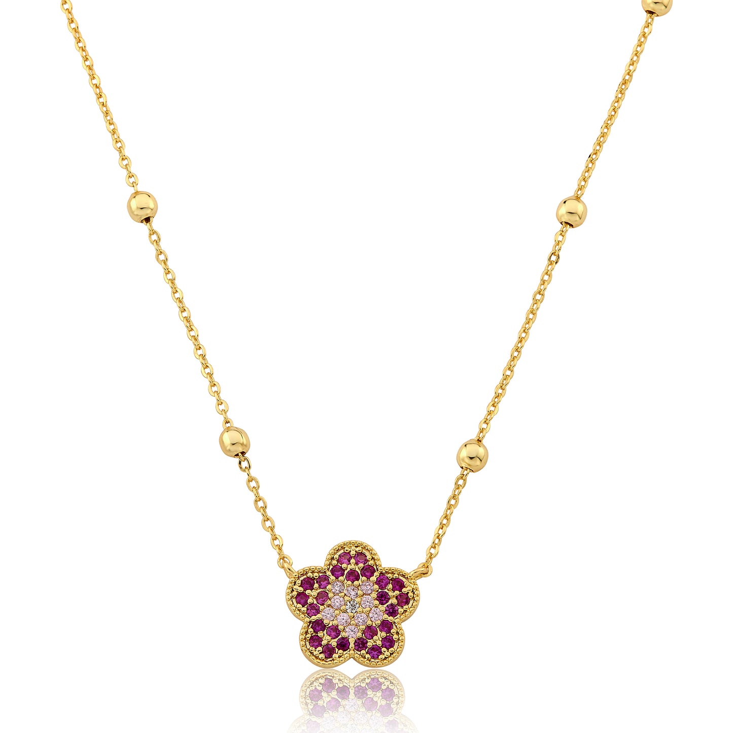 14K Gold Plated Pave CZ Flower Pendant On Bead Station Chain Necklace