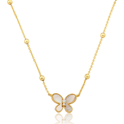 14K Gold Plated Mother Of Pearl Butterfly Pendant On Bead Station Chain Necklace