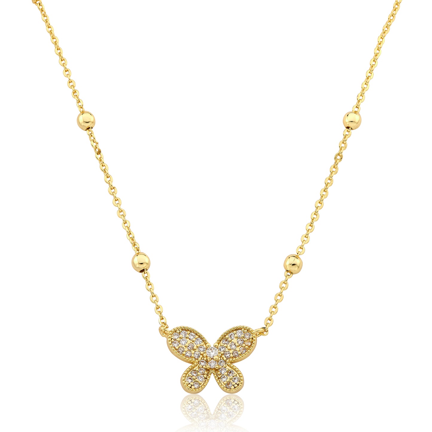 14K Gold Plated CZ Butterfly Pendant On Bead Station Chain Necklace