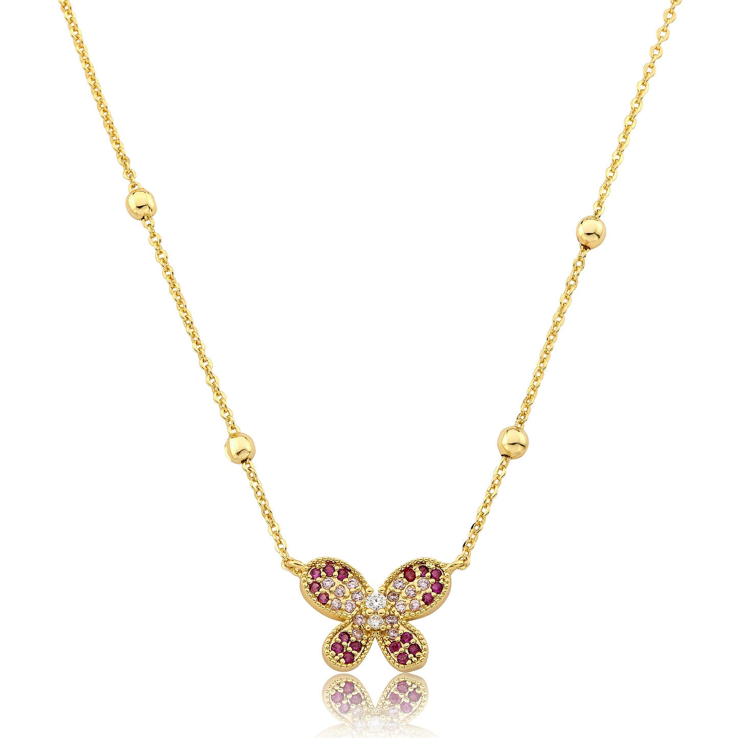 14K Gold Plated CZ Butterfly Pendant On Bead Station Chain Necklace