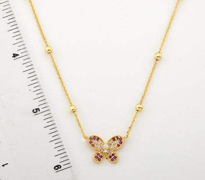 14K Gold Plated CZ Butterfly Pendant On Bead Station Chain Necklace