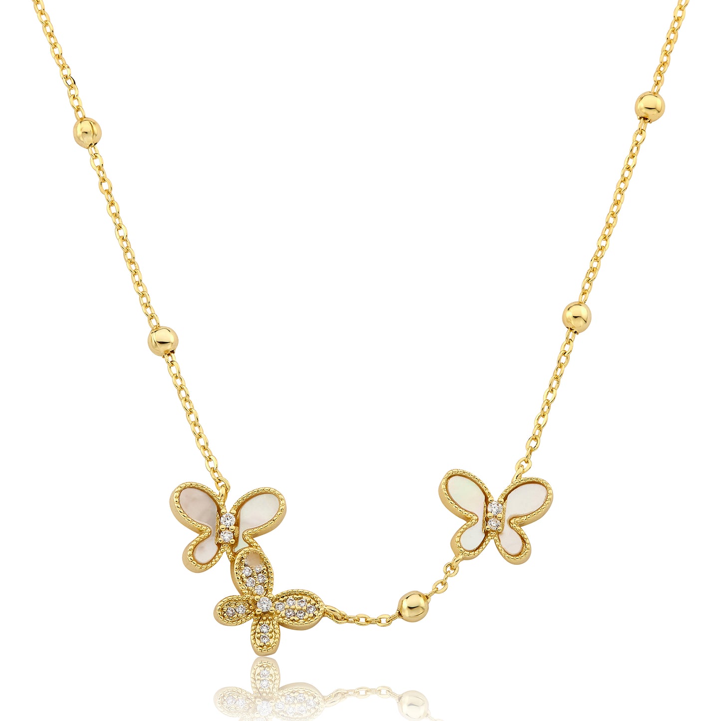 14K Gold Plated CZ &  Mother Of Pearl Butterflies On Bead Station Chain Necklace