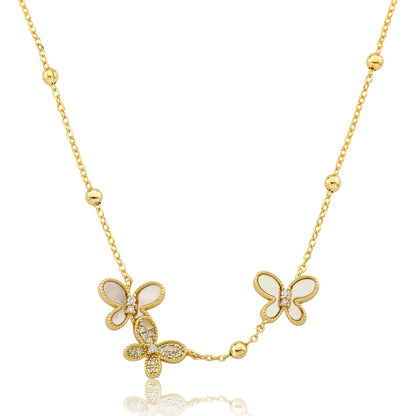 14K Gold Plated CZ &  Mother Of Pearl Butterflies On Bead Station Chain Necklace