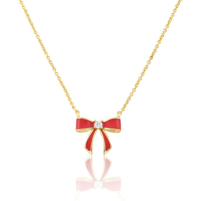 LMTS Classic! 14k Gold Plated Cz Center Enamel Bow Necklace