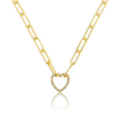 14K Gold Plated Links Chain Necklace With Cz Open Heart Center Wholesale