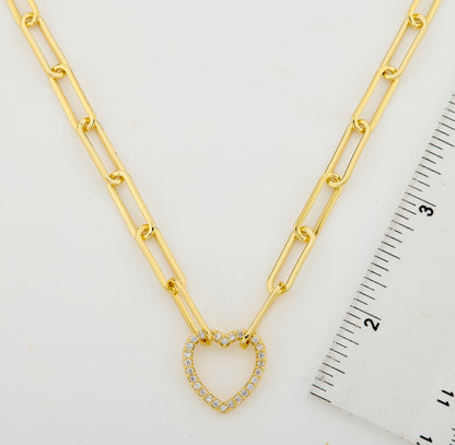 14K Gold Plated Links Chain Necklace With Cz Open Heart Center