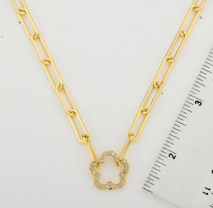 14K Gold Plated Links Chain Necklace With Cz Open Flower Center