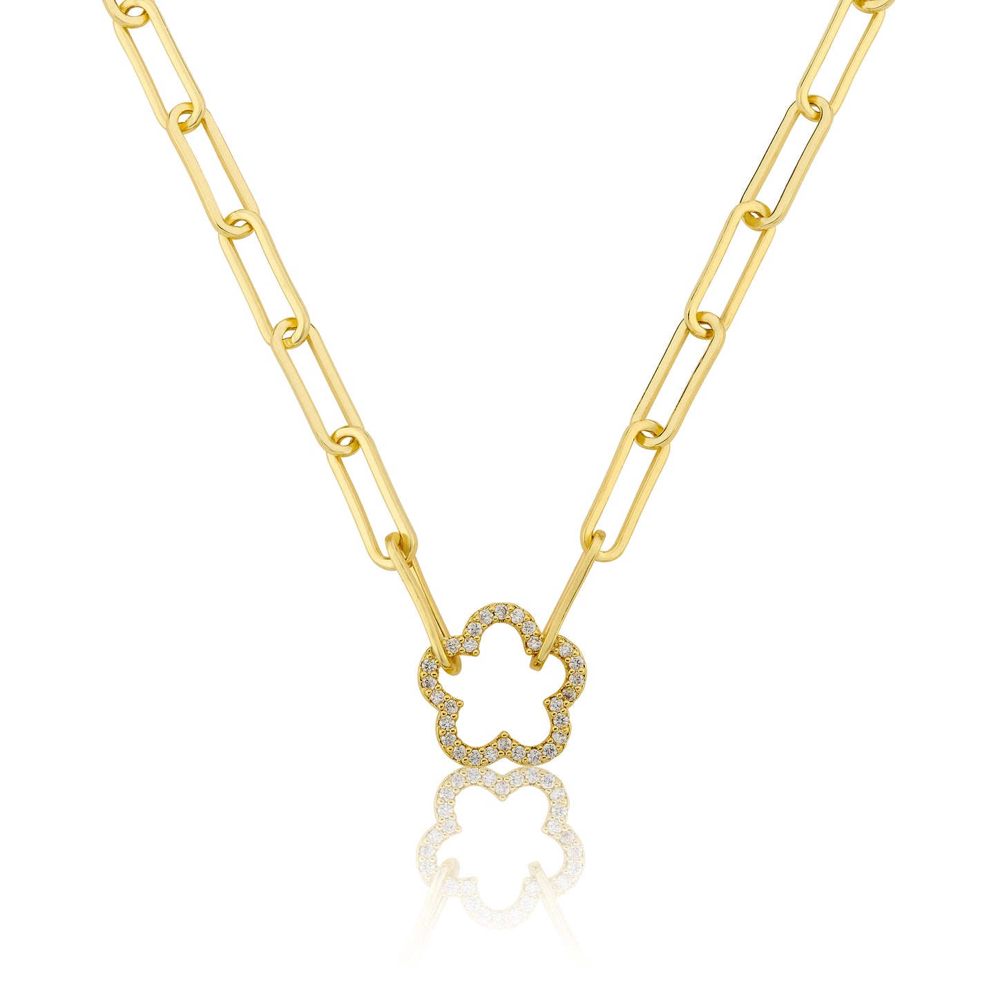 14K Gold Plated Links Chain Necklace With Cz Open Flower Center Wholesale