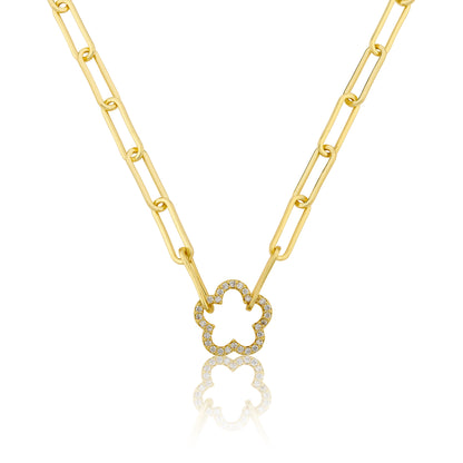 14K Gold Plated Links Chain Necklace With Cz Open Flower Center Wholesale