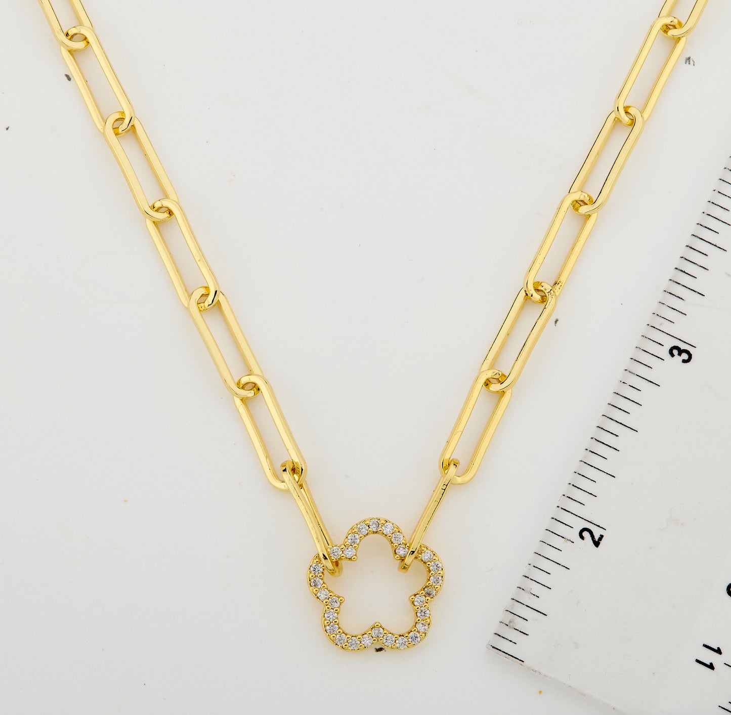 14K Gold Plated Links Chain Necklace With Cz Open Flower Center Wholesale