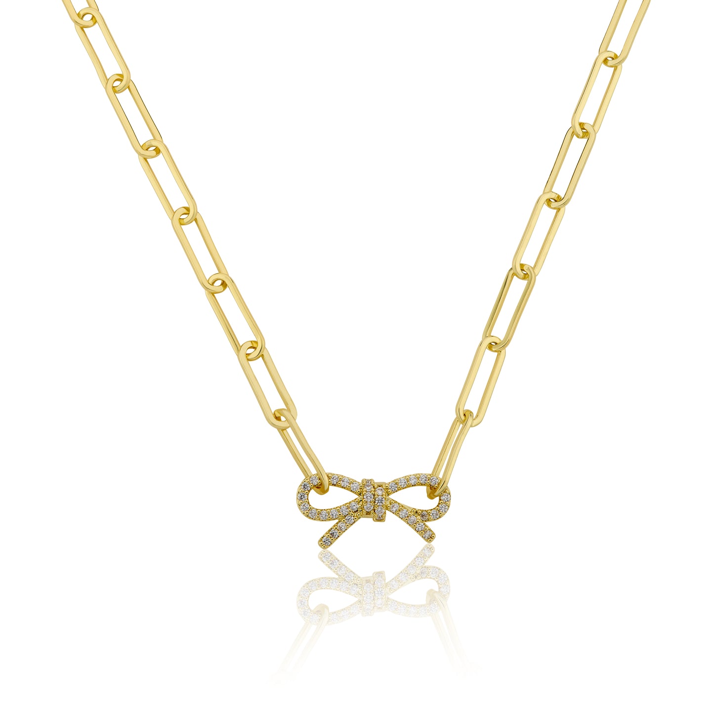 14K Gold Plated Links Chain Necklace With Cz Open Bow Center