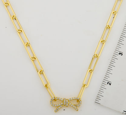 14K Gold Plated Links Chain Necklace With Cz Open Bow Center