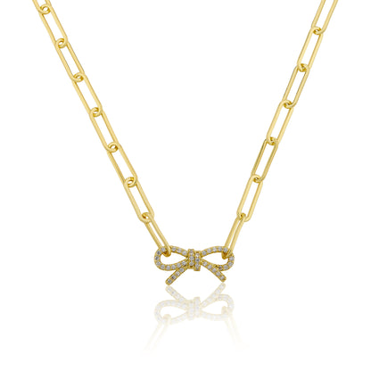 14K Gold Plated Links Chain Necklace With Cz Open Bow Center Wholesale