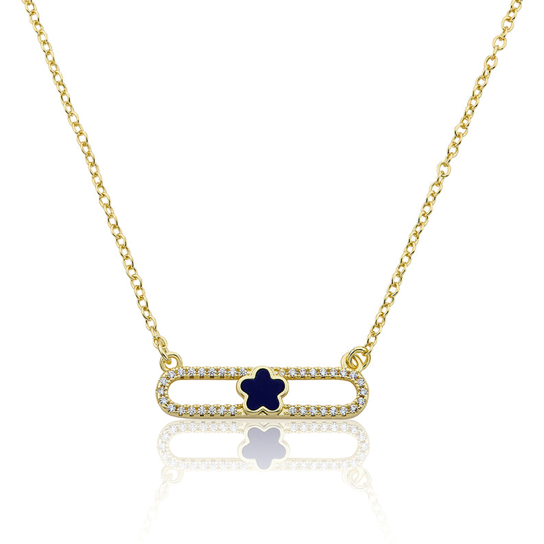 14K Gold Plated Necklace Accented With Cz & Mother Of Pearl Flower Bar Center Wholesale