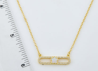 14K Gold Plated Necklace Accented With Cz & Mother Of Pearl Flower Bar Center Wholesale