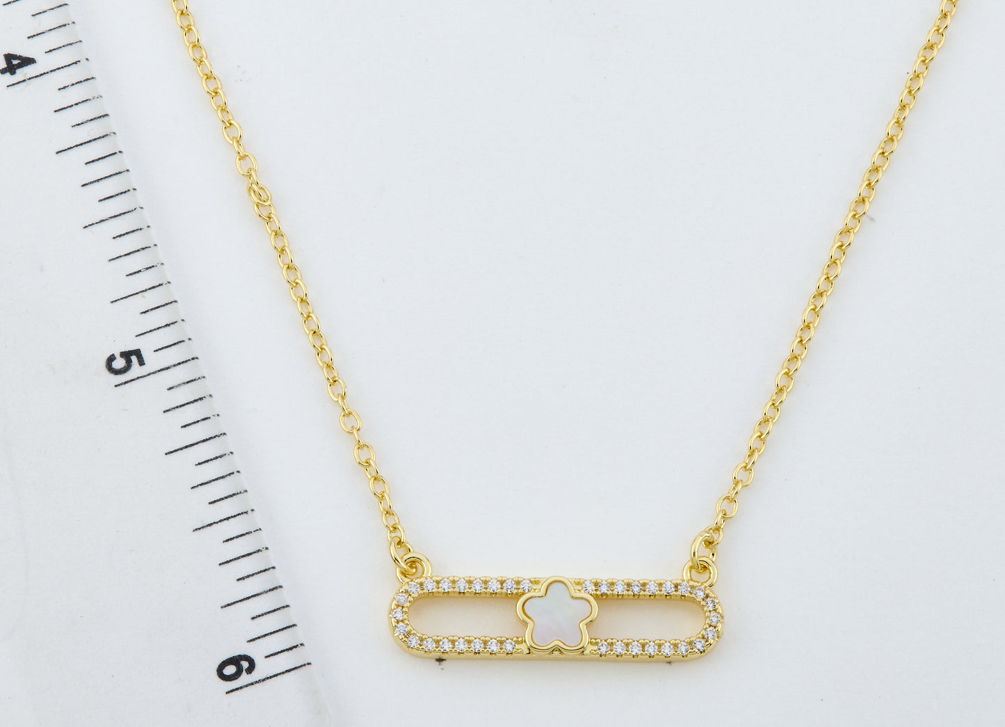 14K Gold Plated Necklace Accented With Cz & Mother Of Pearl Flower Bar Center