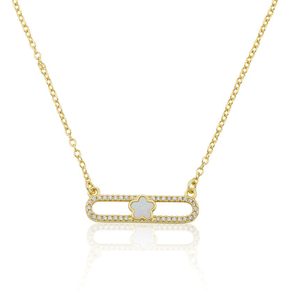 14K Gold Plated Necklace Accented With Cz & Mother Of Pearl Flower Bar Center Wholesale