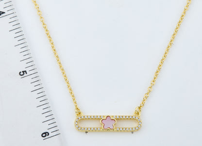 14K Gold Plated Necklace Accented With Cz & Mother Of Pearl Flower Bar Center Wholesale