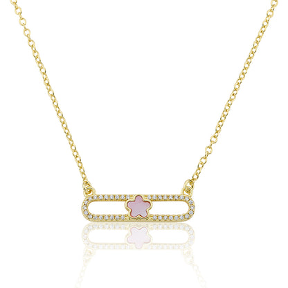 14K Gold Plated Necklace Accented With Cz & Mother Of Pearl Flower Bar Center Wholesale