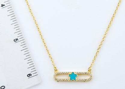 14K Gold Plated Necklace Accented With Cz & Mother Of Pearl Flower Bar Center Wholesale