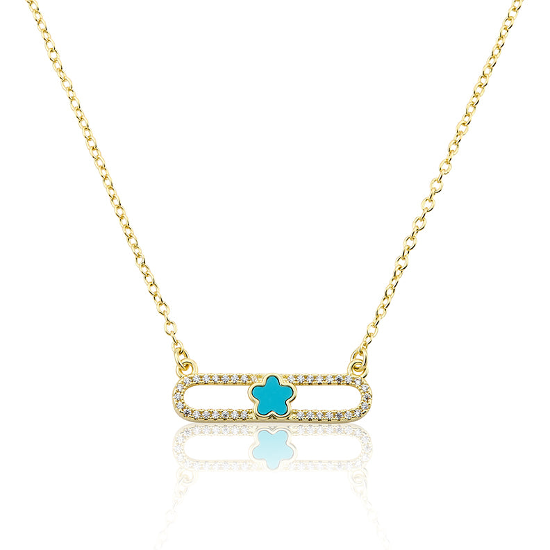 14K Gold Plated Necklace Accented With Cz & Mother Of Pearl Flower Bar Center Wholesale