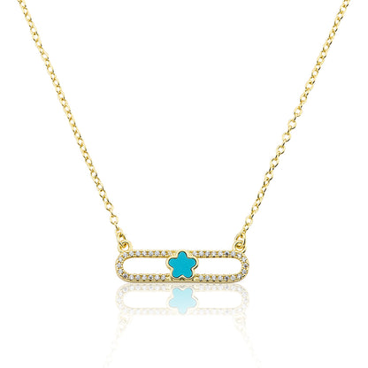 14K Gold Plated Necklace Accented With Cz & Mother Of Pearl Flower Bar Center Wholesale