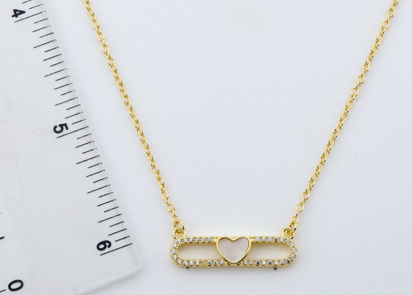 14K Gold Plated Necklace Accented With Cz & Mother Of Pearl Heart Bar Center