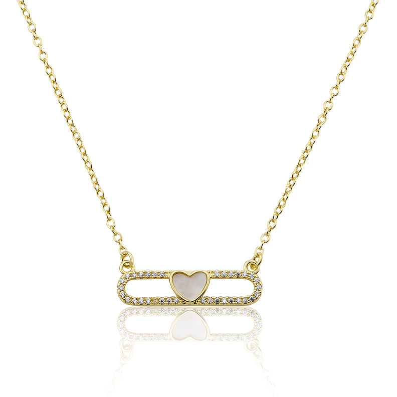 14K Gold Plated Necklace Accented With Cz & Mother Of Pearl Heart Bar Center Wholesale