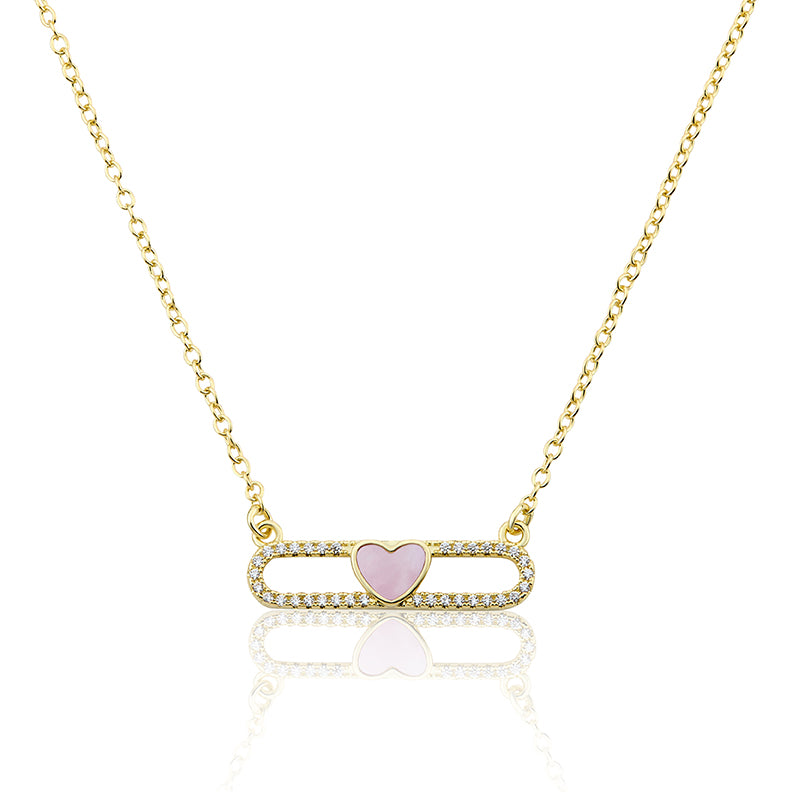 14K Gold Plated Necklace Accented With Cz & Mother Of Pearl Heart Bar Center Wholesale