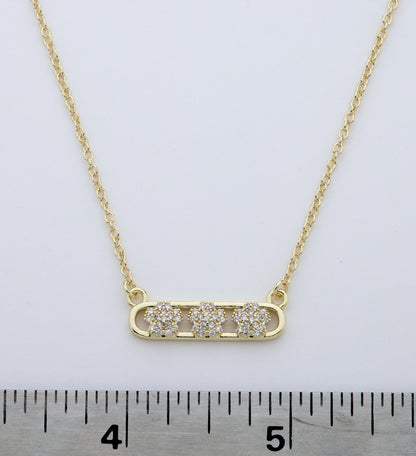 14K Gold Plated Necklace Accented With 3 Cz Flowers Bar Center Wholesale