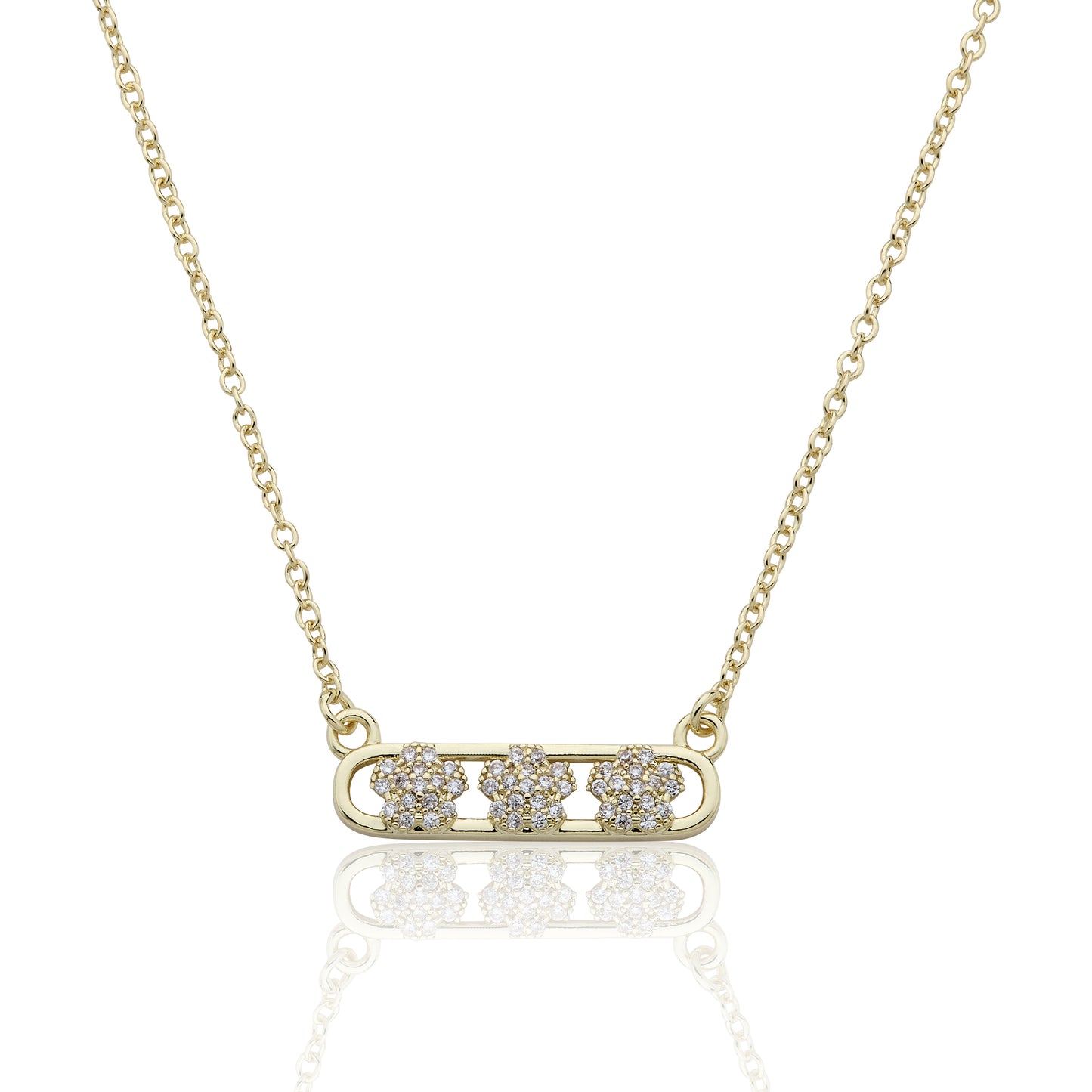 14K Gold Plated Necklace Accented With 3 Cz Flowers Bar Center