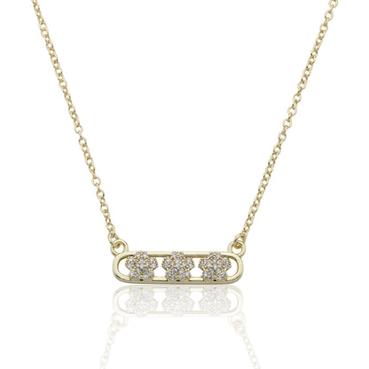 14K Gold Plated Necklace Accented With 3 Cz Flowers Bar Center