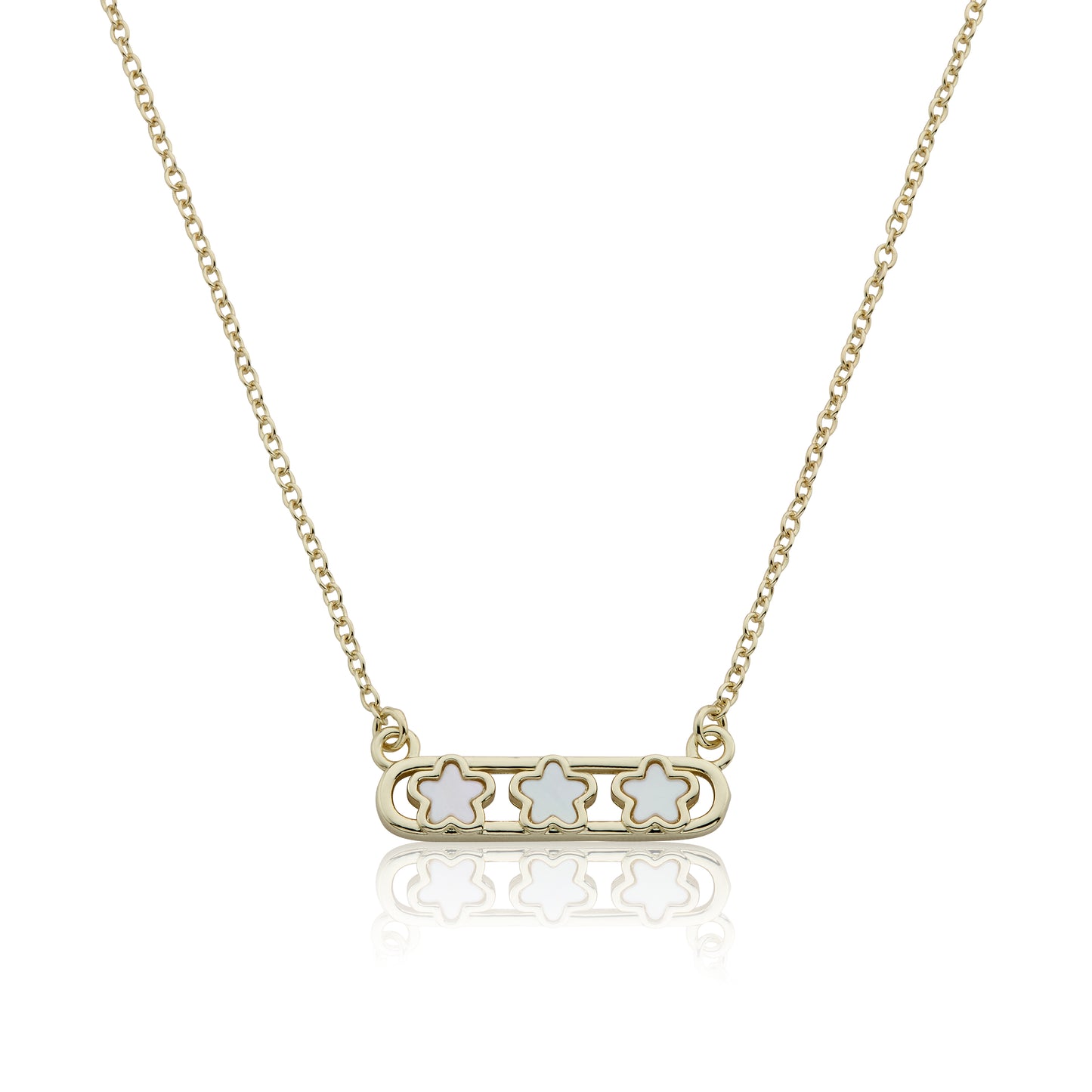 14K Gold Plated Necklace Accented With 3 Mother Of Pearl Flowers Bar Center
