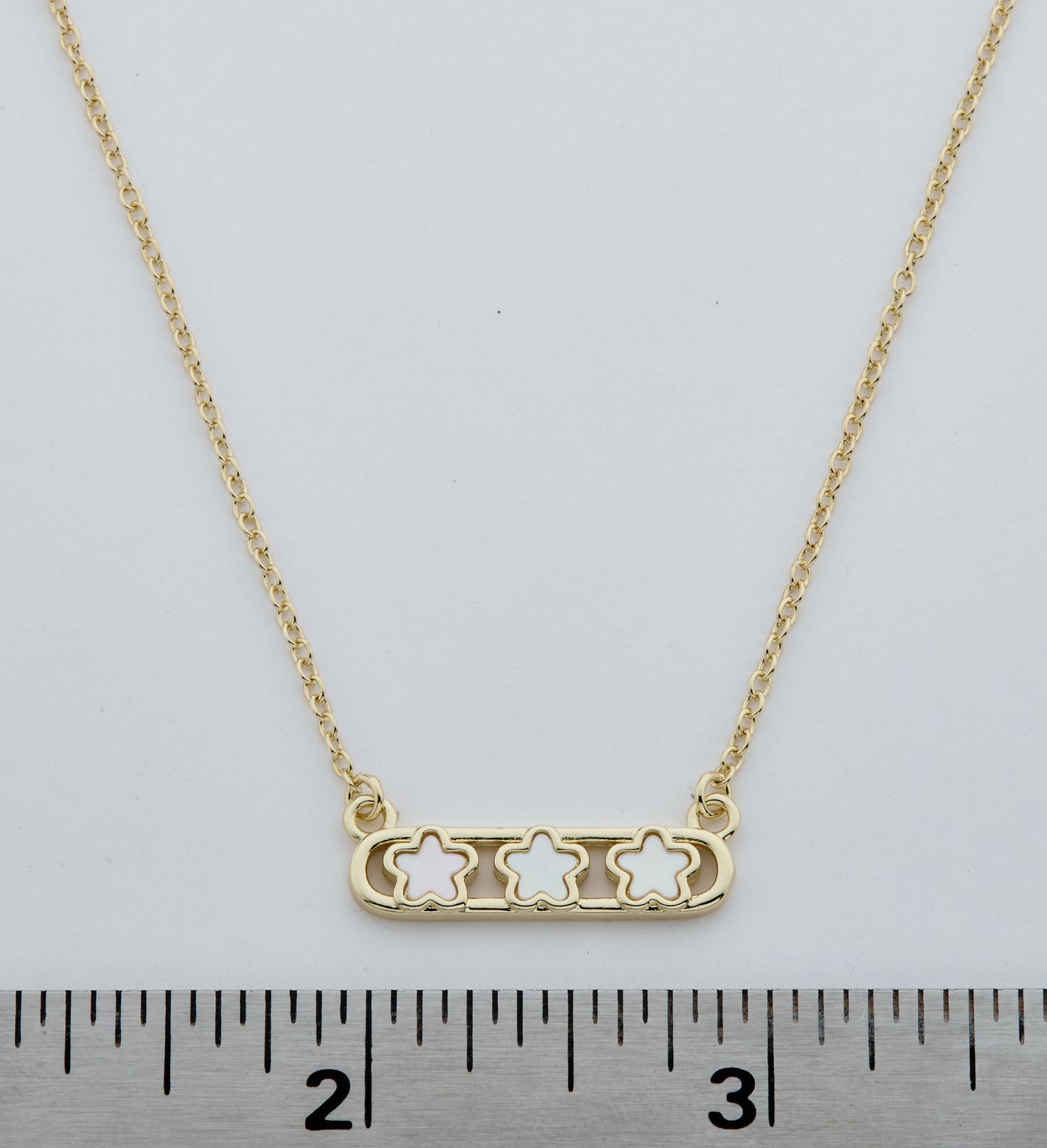14K Gold Plated Necklace Accented With 3 Mother Of Pearl Flowers Bar Center Wholesale
