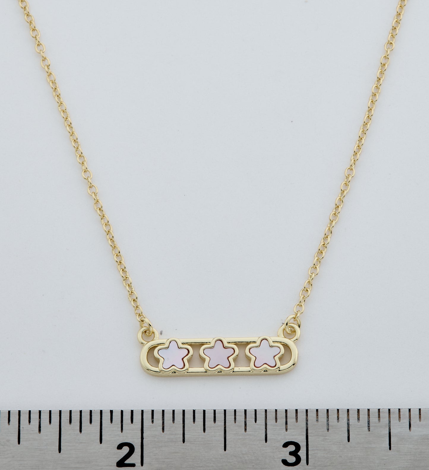 14K Gold Plated Necklace Accented With 3 Mother Of Pearl Flowers Bar Center