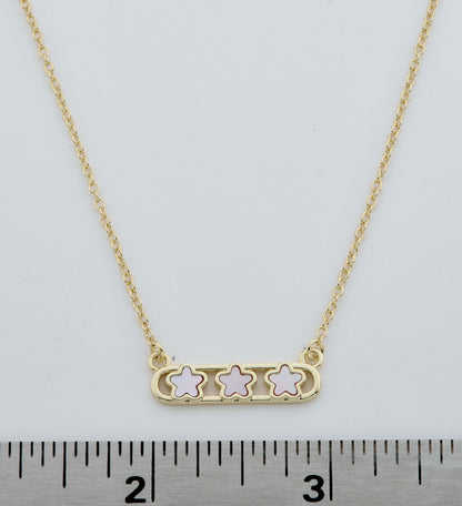 14K Gold Plated Necklace Accented With 3 Mother Of Pearl Flowers Bar Center