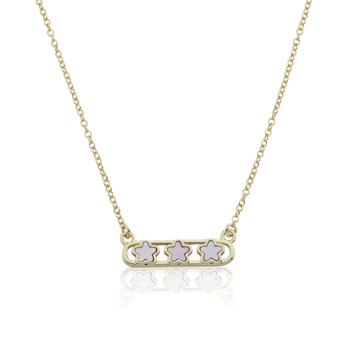 14K Gold Plated Necklace Accented With 3 Mother Of Pearl Flowers Bar Center