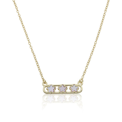 14K Gold Plated Necklace Accented With 3 Mother Of Pearl Flowers Bar Center