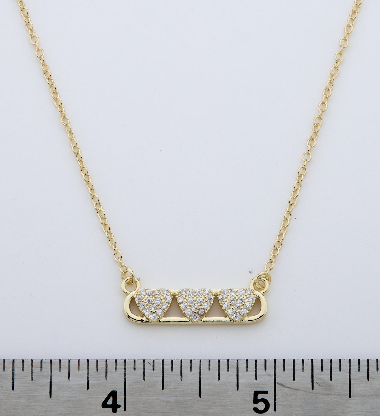 14K Gold Plated Necklace Accented With 3 Cz Hearts Bar Center
