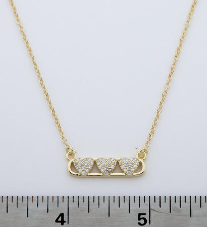 14K Gold Plated Necklace Accented With 3 Cz Hearts Bar Center
