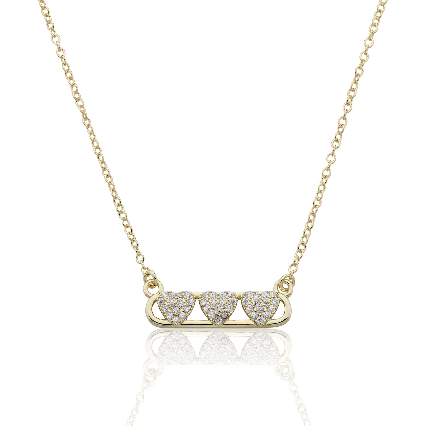 14K Gold Plated Necklace Accented With 3 Cz Hearts Bar Center