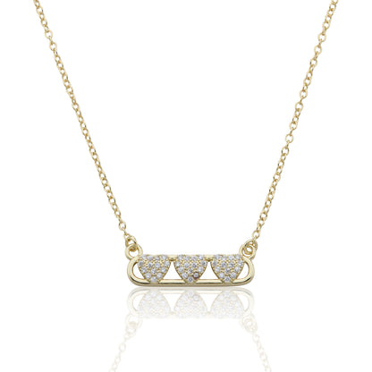 14K Gold Plated Necklace Accented With 3 Cz Hearts Bar Center