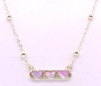 14K Gold Plated Necklace Accented With 3 Mother Of Pearl Hearts Bar Center Wholesale