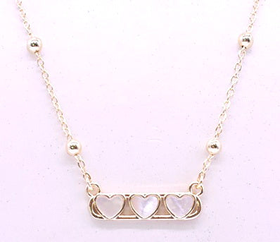 14K Gold Plated Necklace Accented With 3 Mother Of Pearl Hearts Bar Center Wholesale