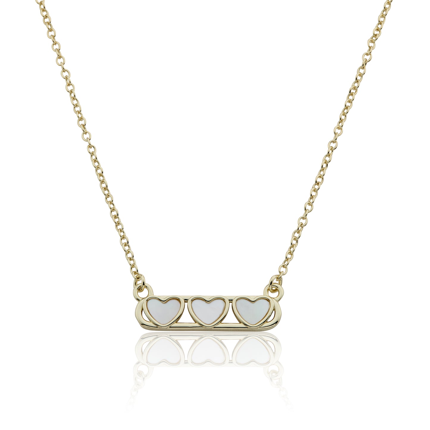 14K Gold Plated Necklace Accented With 3 Mother Of Pearl Hearts Bar Center