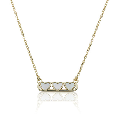 14K Gold Plated Necklace Accented With 3 Mother Of Pearl Hearts Bar Center