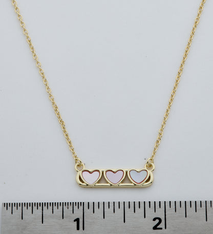 14K Gold Plated Necklace Accented With 3 Mother Of Pearl Hearts Bar Center