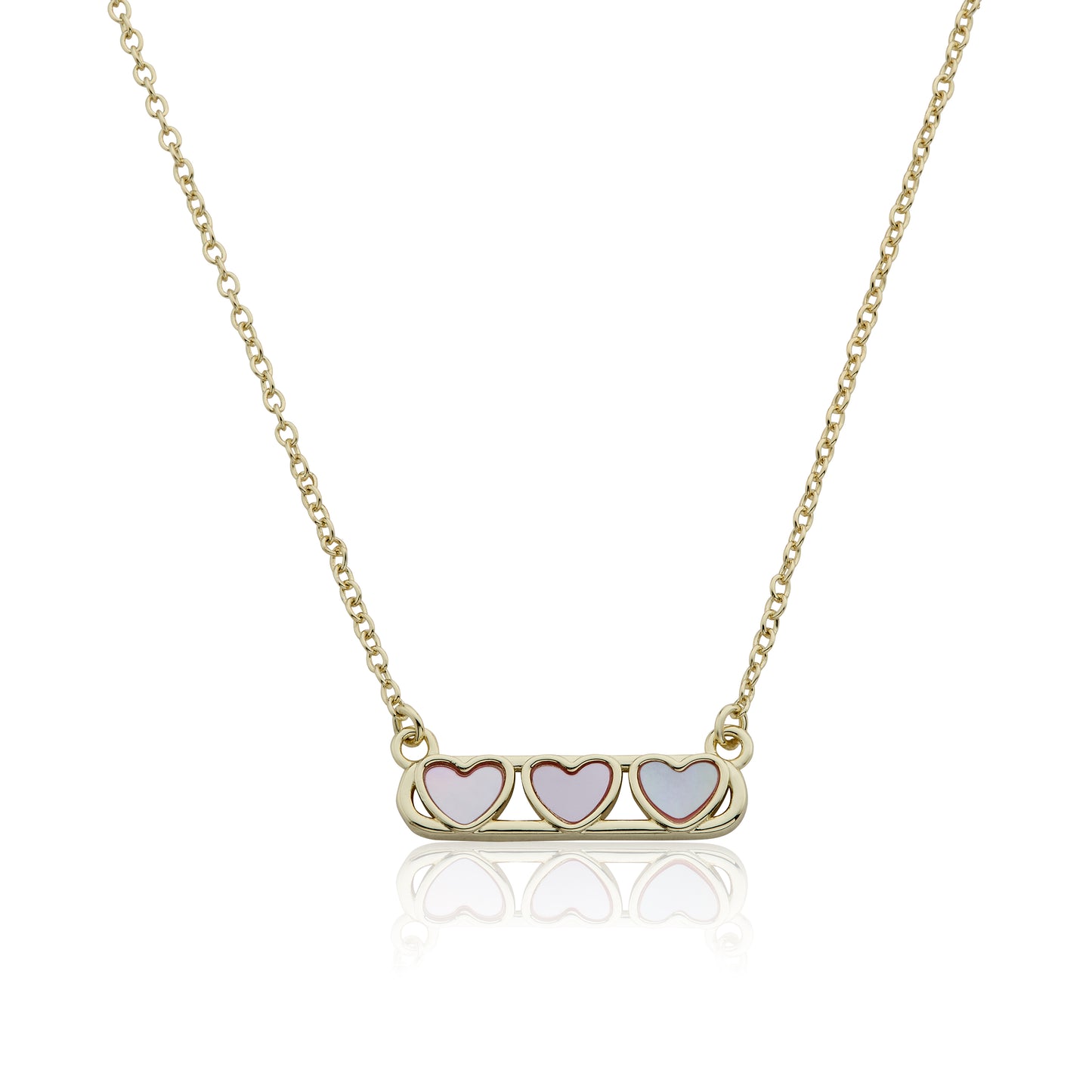 14K Gold Plated Necklace Accented With 3 Mother Of Pearl Hearts Bar Center