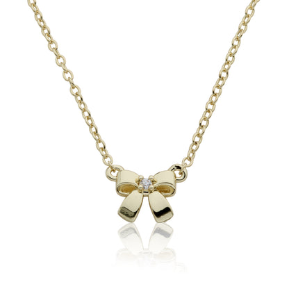 14k Gold Plated Cz Center Small Bow Chain Necklace
