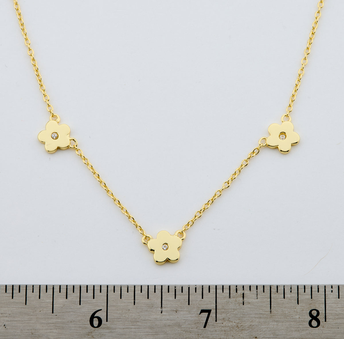 14k Gold Plated Cz Center Triple Flower Chain Necklace